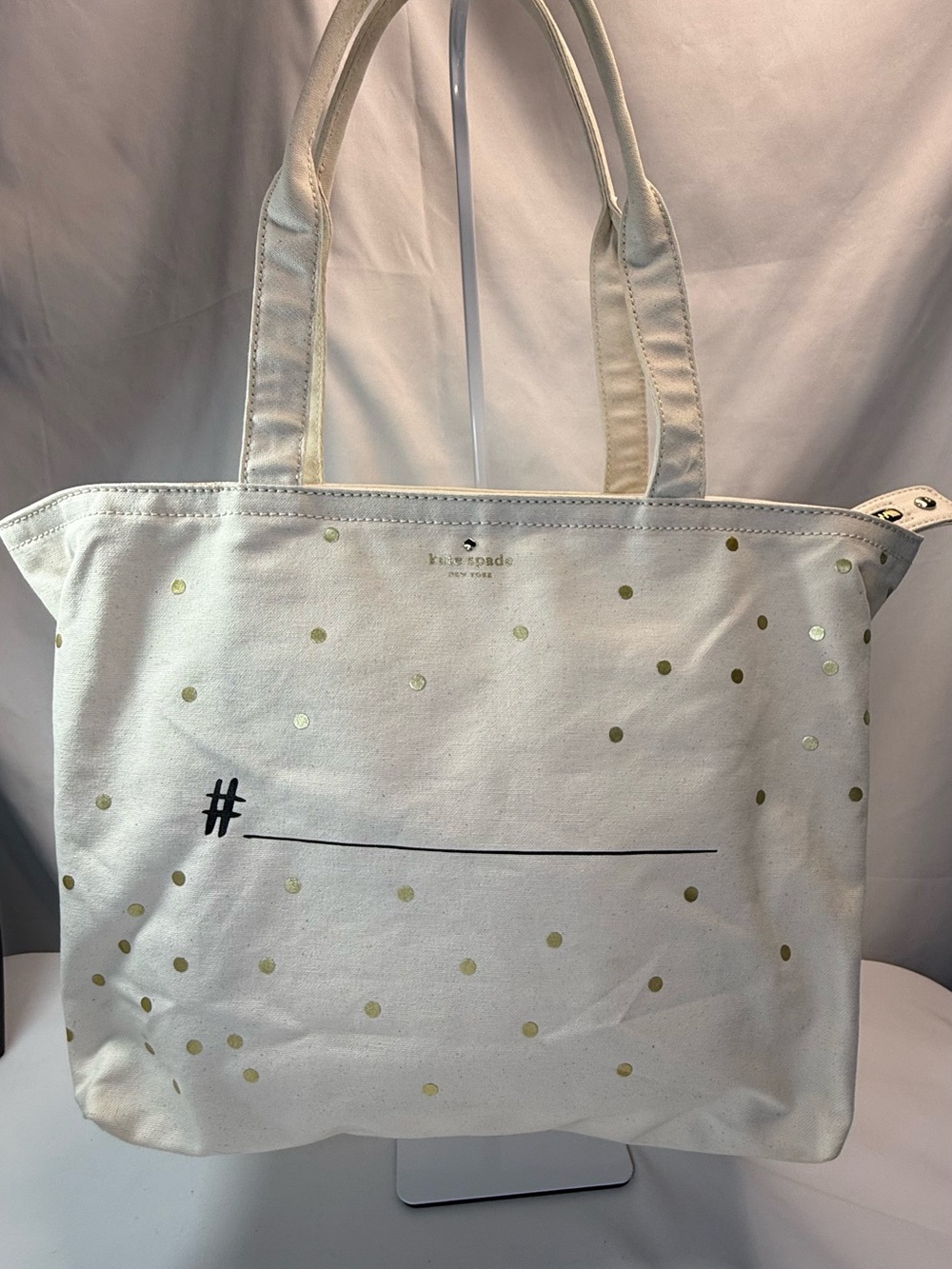 kate spade Cream Canvas Gold Polka Dot Hashtag Tote NWOT
